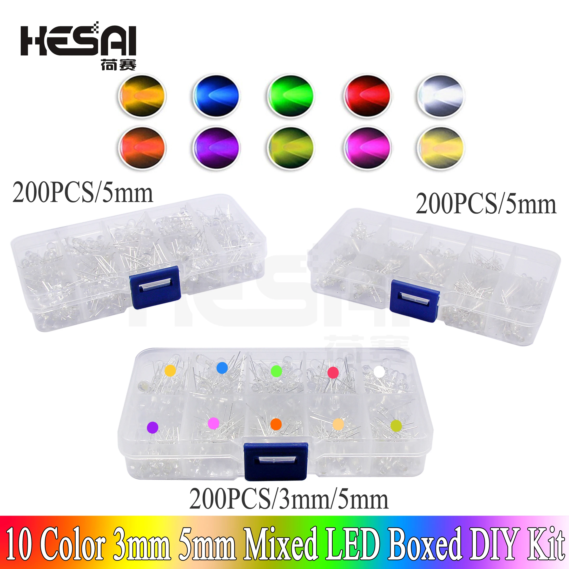 3mm 5mm LED Diode Assorted Kit White Green Red Blue Yellow Orange F3 F5 Light Emitting DIY led lights Diodes electronic kit