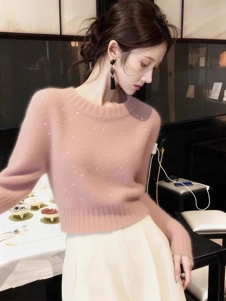 

Ele Thiened Long Sve круглый вязаный свитер Ne, женский модный розовый топ с пайетками на осень-зиму, модный Sle