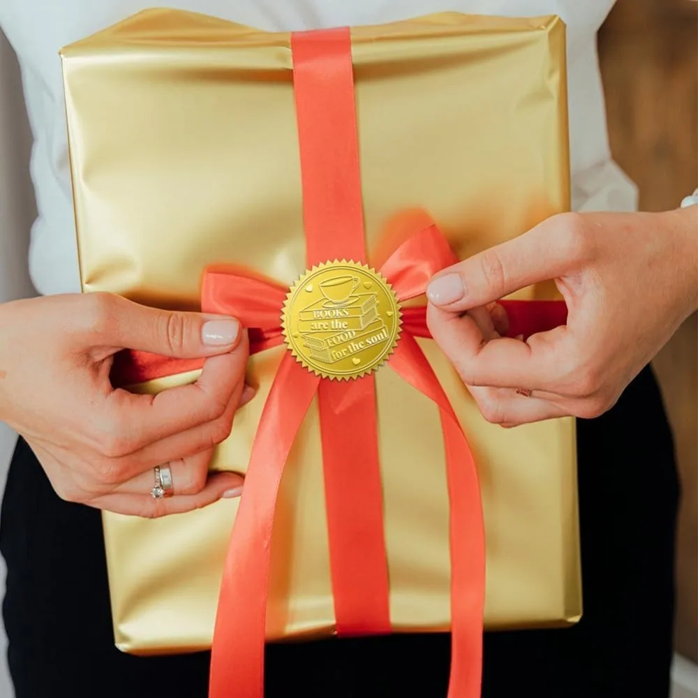 100Pcs Books Coffee Foil Stickers 2 Inch Books Embossed Envelopes Seals Book Knowledge Self Adhesive Embossed Seal Labels