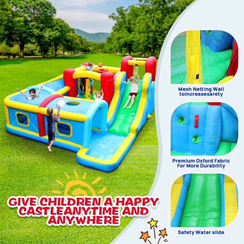 Inflatable Water Slide Park with Blower, Bouncy Castle with Slides Rock Climbing Area Wading Ball Pool Tunnel Trampoline