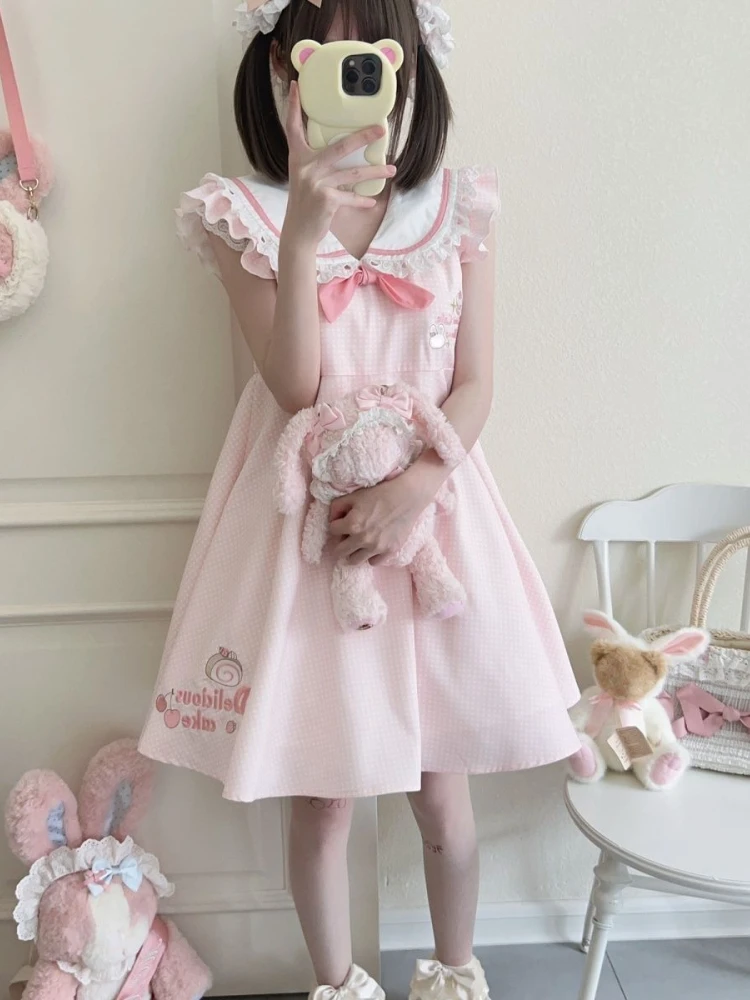 Sweet Kawaii Lace Pink A-line Midi Dress Women Y2k Cute Dots Bow Design V-neck Sleeveless Dress 2024 Summer Japanese Fashion