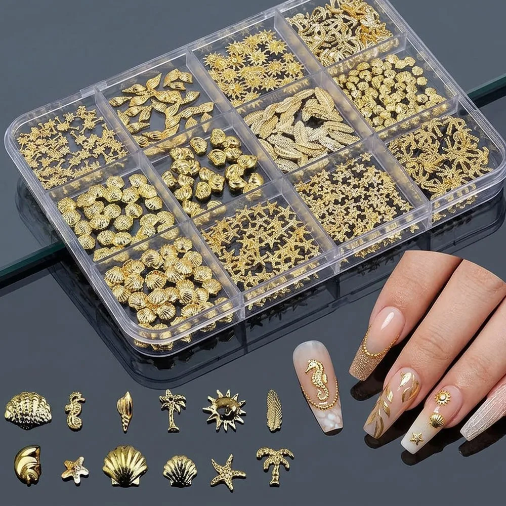 1Box 3D Gold Metal Nail Art Charms with Tweezers Mixed Ocean Themed Nail Jewelry Starfish/Shell/Leaf/Turtle Nail Art Accessories