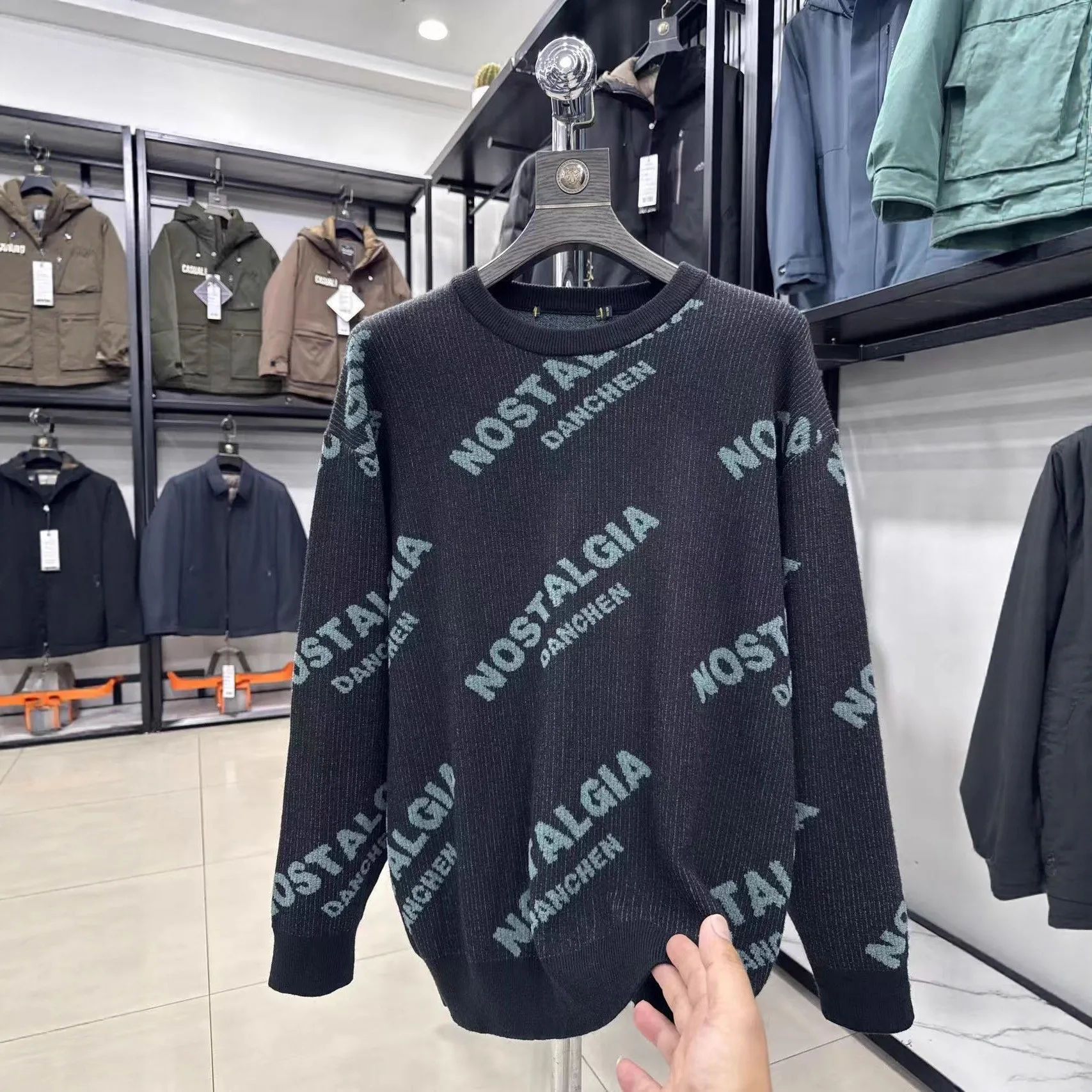 

Haijia Thiened вязаный свитер с вышивкой букв, круглый пуловер Ne, мужской повседневный удобный длинный зимний топ све