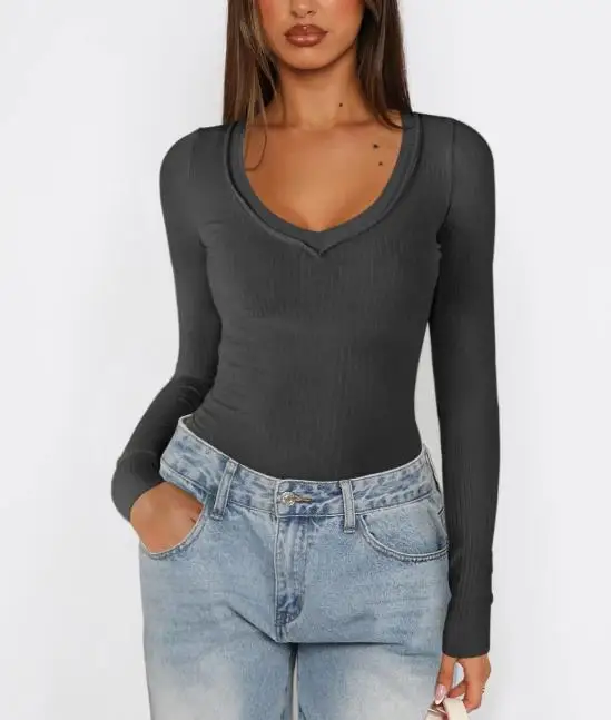 

Women's T-Shirt Spring Classic Sexy Fashion Solid Color Casual Daily Versatile Round Neck Tight Long Sleeve Knitted T-Shirt Top