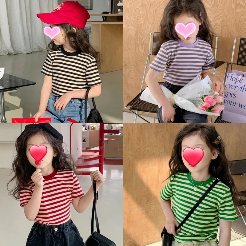 

2024New Striped GirlTT-shirt Summer Short Sleeve Children's Casual Tops Children StretchTT shirt