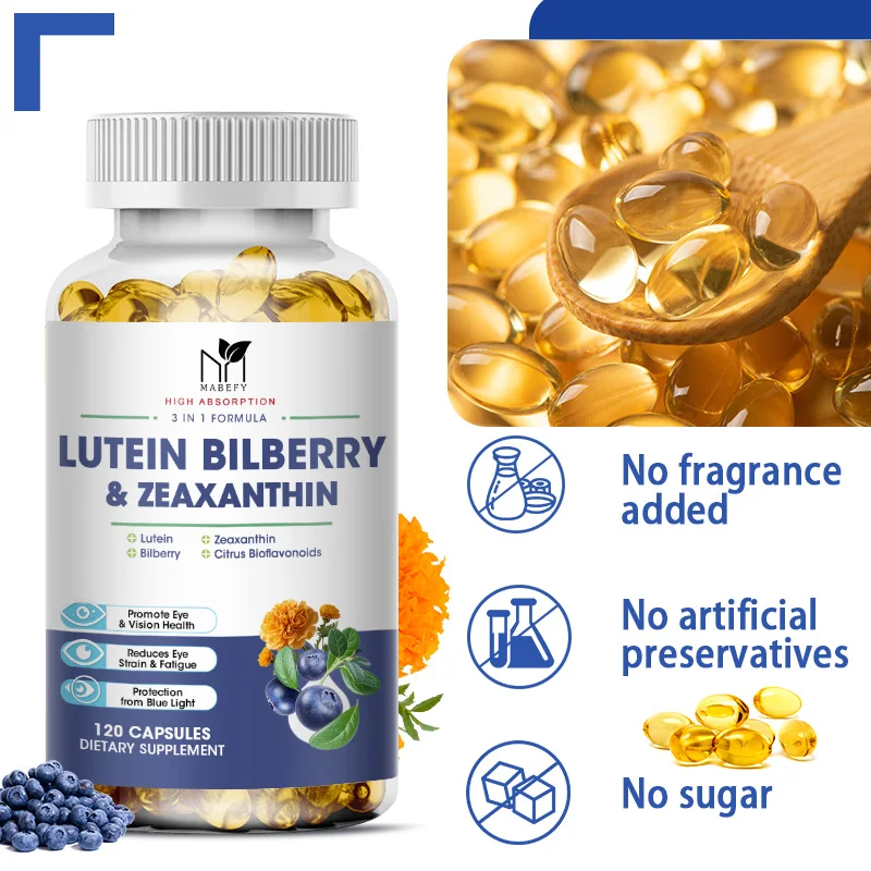 

Капсулы Mabefy Eye с витамином лютеином и экстрактом биофлавоноидов цитрусовых, поддерживают усталость глаз и сухость глаз, глаза и здоровье зрения