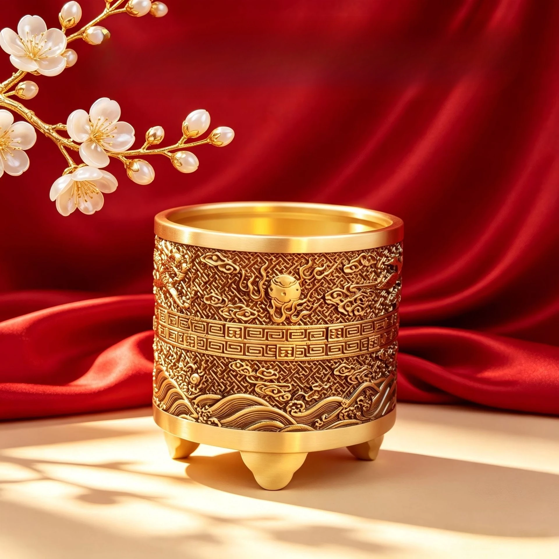 Dragon Cloud Embossed Brass Dual Use Pen Holder Office Desk Stationery Censer Oriental Table Craft Ornament