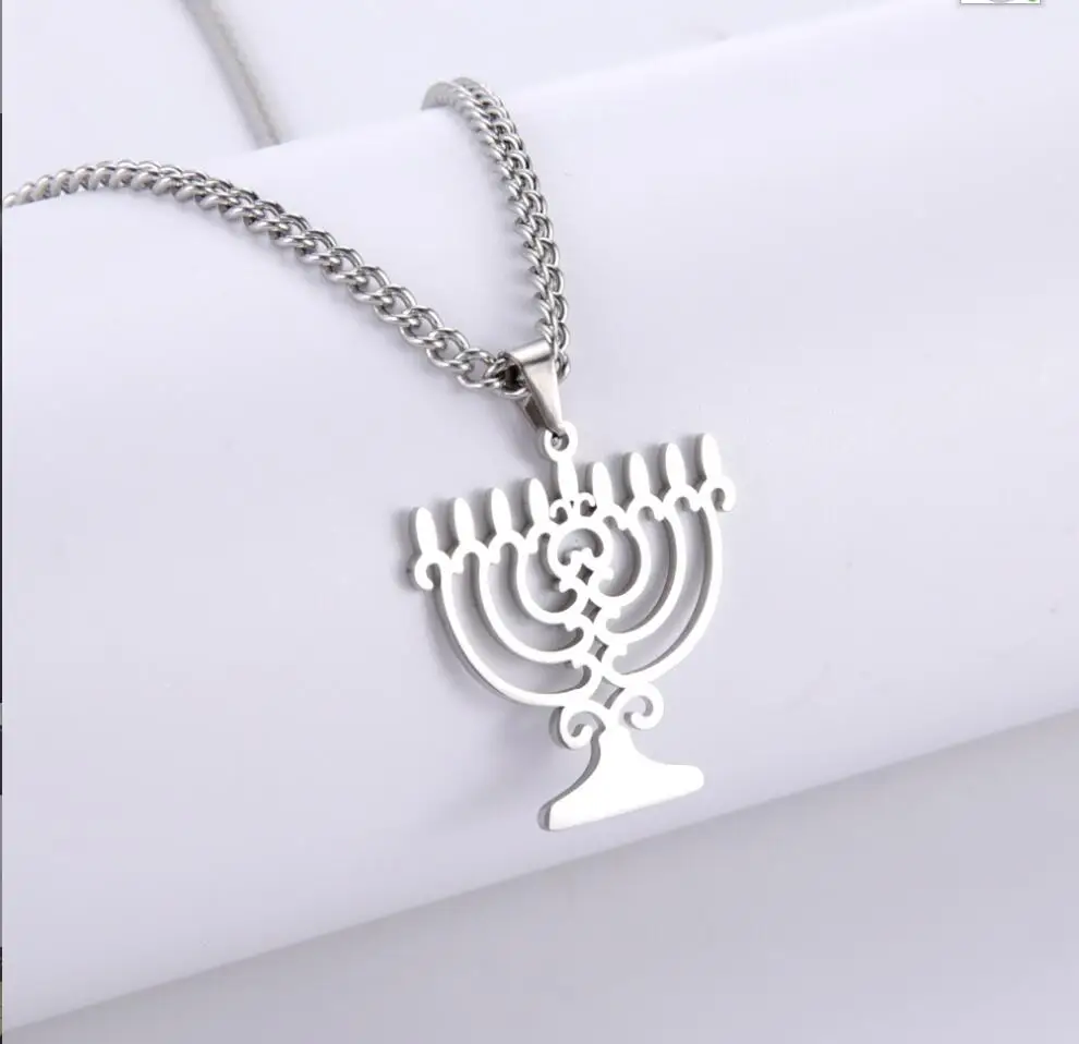 1PCLamp Candles Pendant Necklace Chanukah Menorah Shaped Stainless Steel Jewelry Candlestick Women Necklace F1115