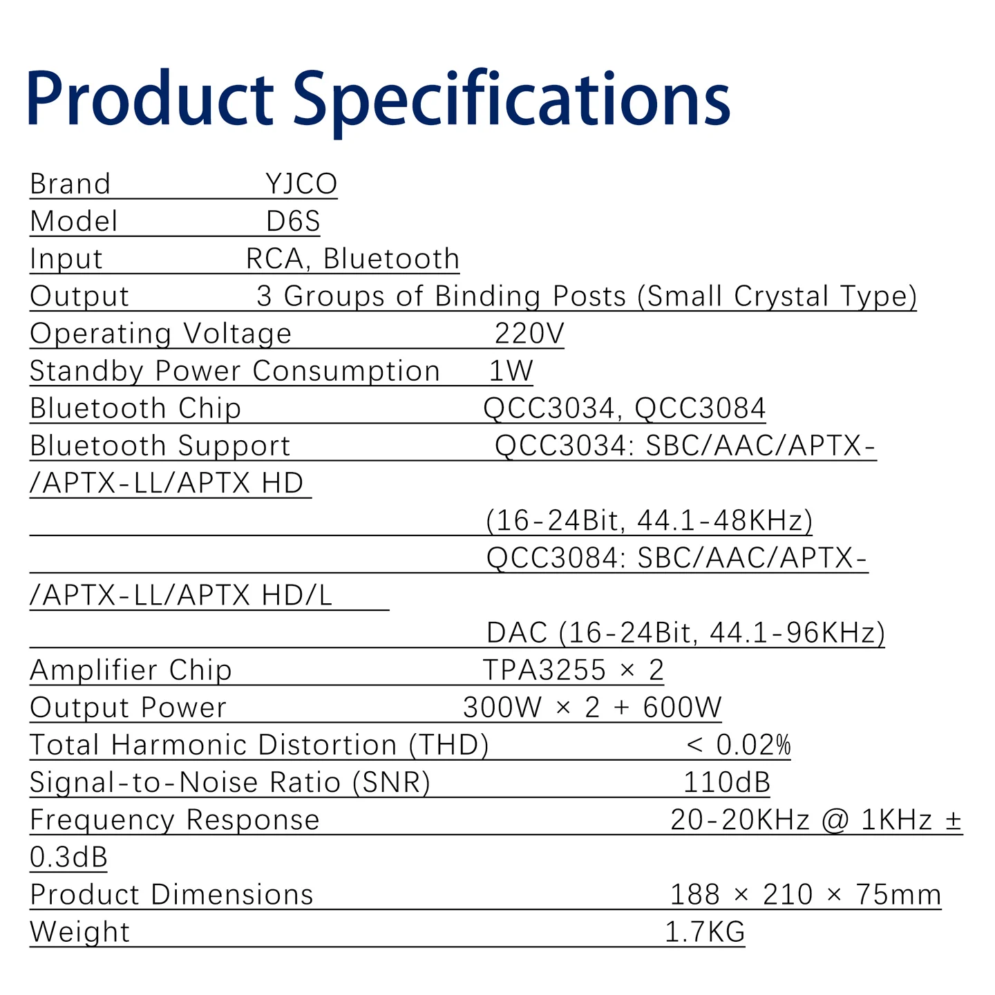 YJCO Leistungsverstärker 300Wx2+600W TPA3255 Bluetooth QCC3034 QCC3084 PCM5102 Decoder LLC Eingebautes LLC-Schaltnetzteil – Detail 9