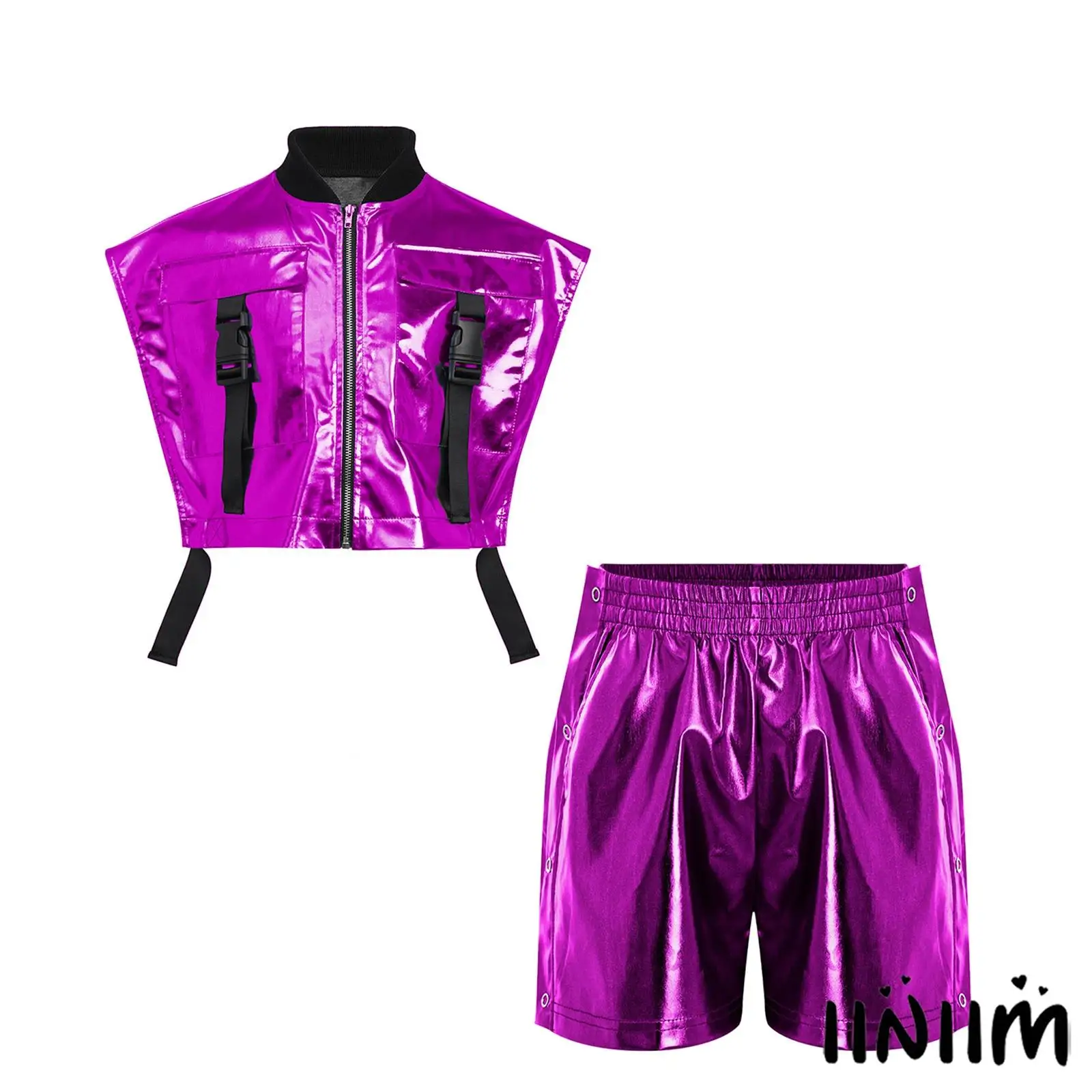 Kids Girls Hip Hop Jazz Dance Outfit Sleeveless Sides Open Zipper Metallic Vest with Shorts for Stage Dance Competition