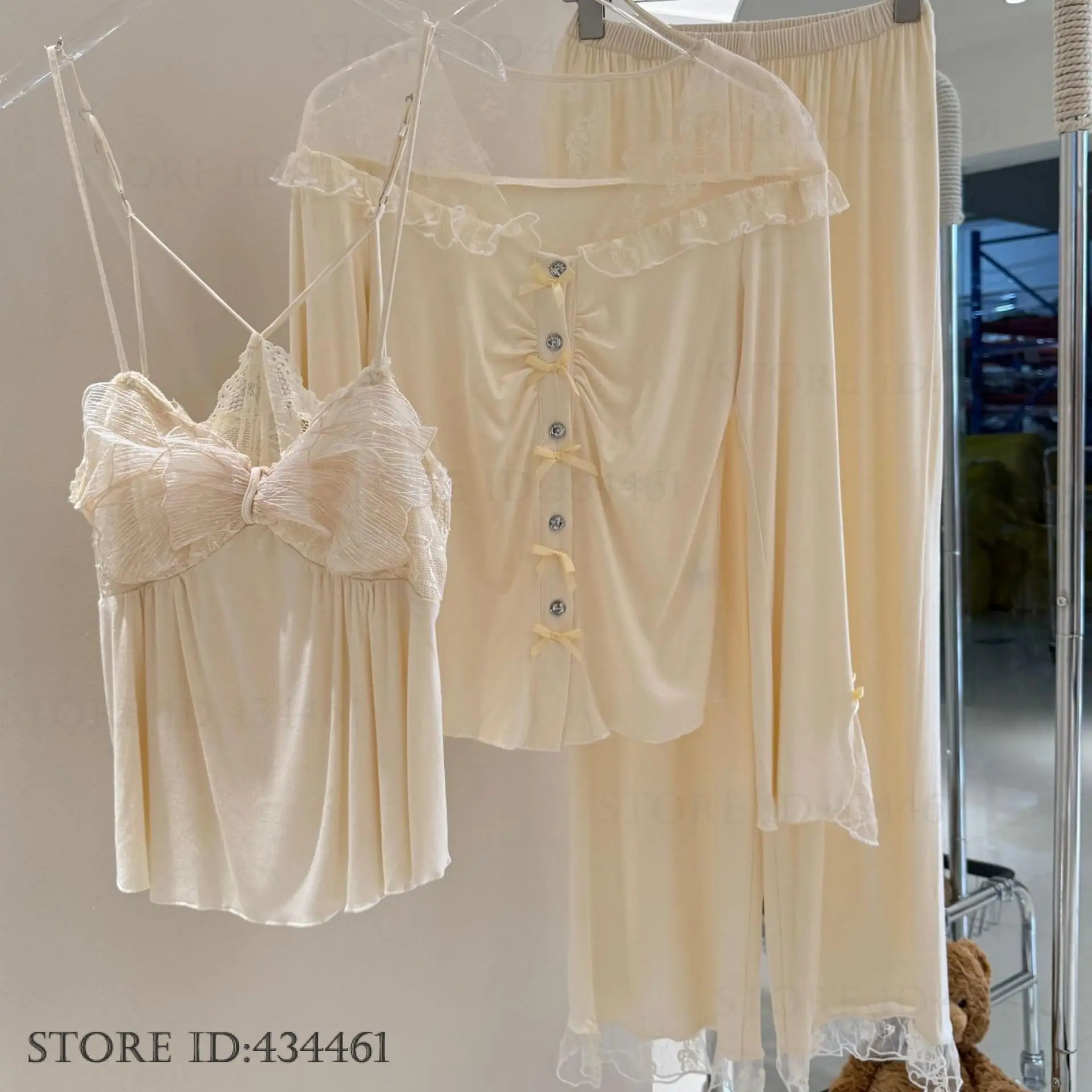 

French Style Sweet Modal Pajama Three Piece Set Home Clothes with Bra Sexy Hollow Lace Cami Pijamas Suit Loose Casual Loungewear