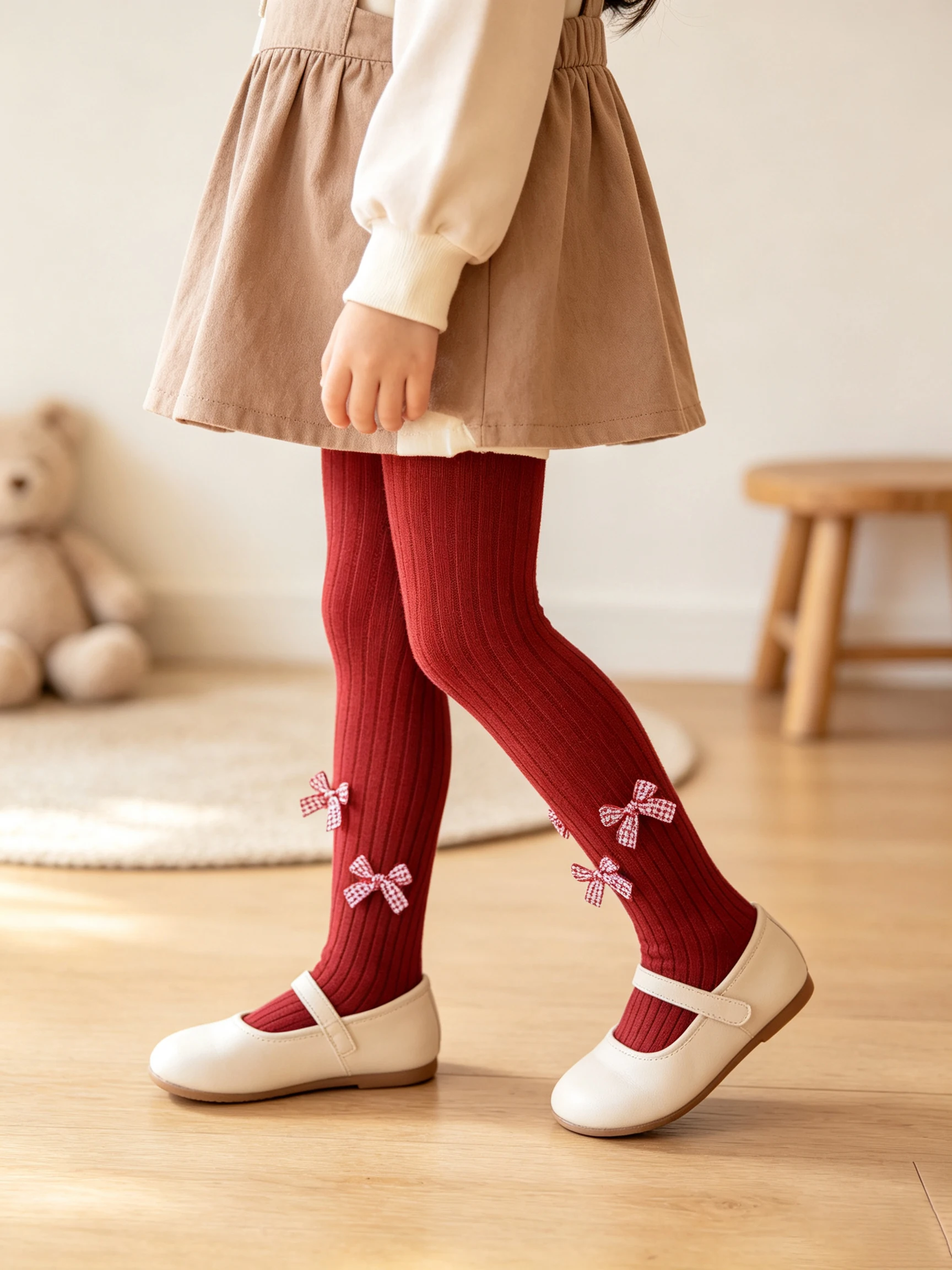 1Pc 0‑12Y Girls Red Ribbed Tights Gingham Bow Decor Autumn Stretch Pantyhose For Christmas Halloween Party Princess Daily Dress