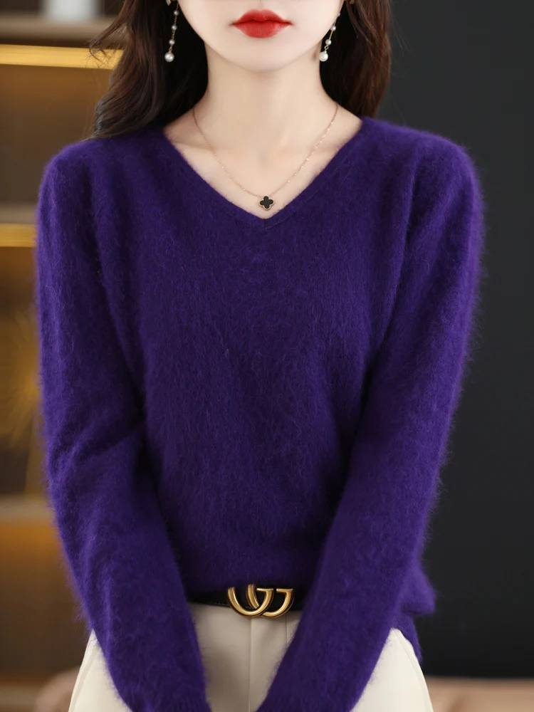 Mini Star Women's V-Neck 100% Mink Cashmere Pullovers Sweater Long Sleeve Knitwear Solid Basic Casual Autumn Winter Clothes Tops