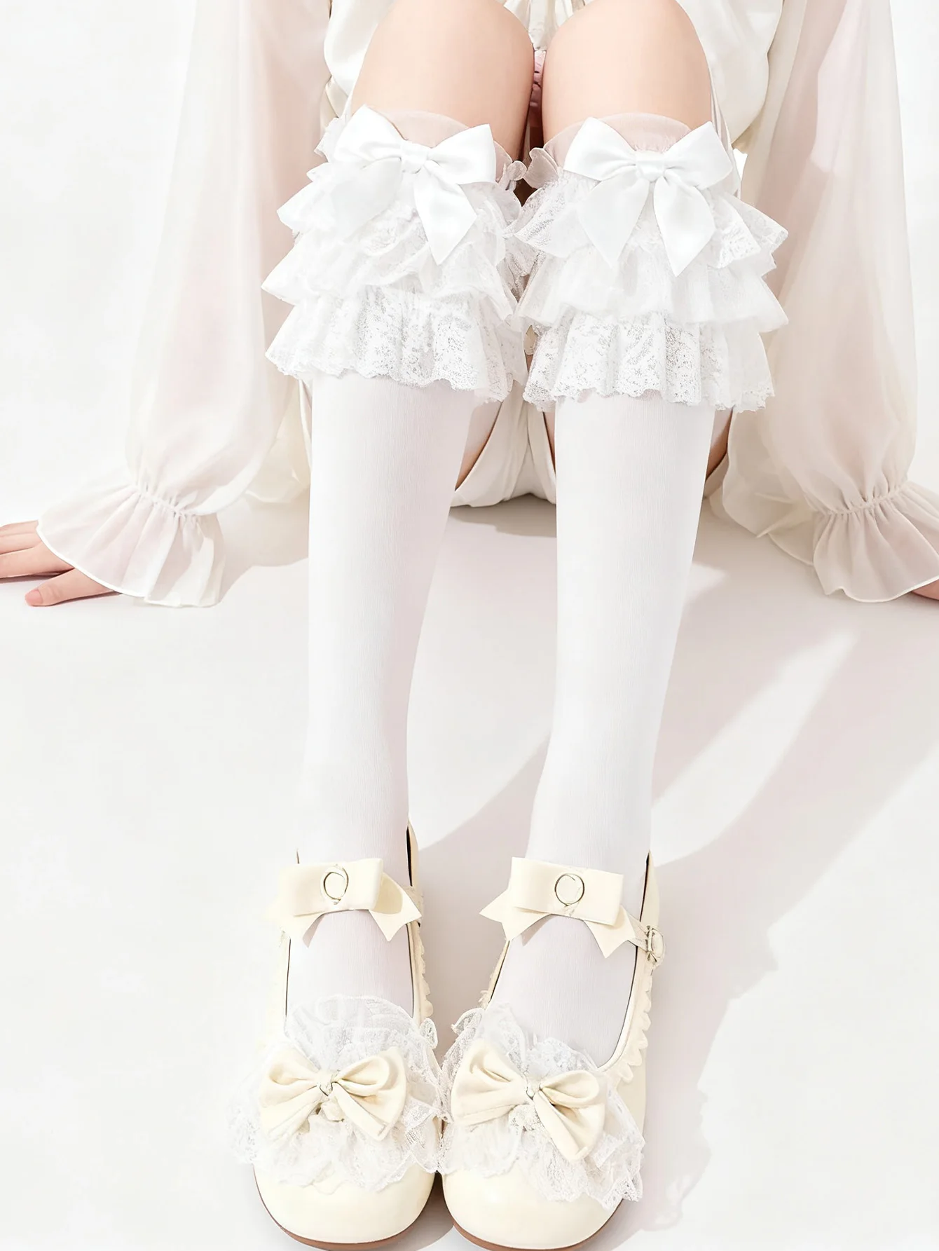 1 Pair Women's Solid Color Calf-Length Socks Multi-Layer Lace Trim Japanese Ballet-Style Sweet Bow Socks, Non-Slip Stay-Up Livel