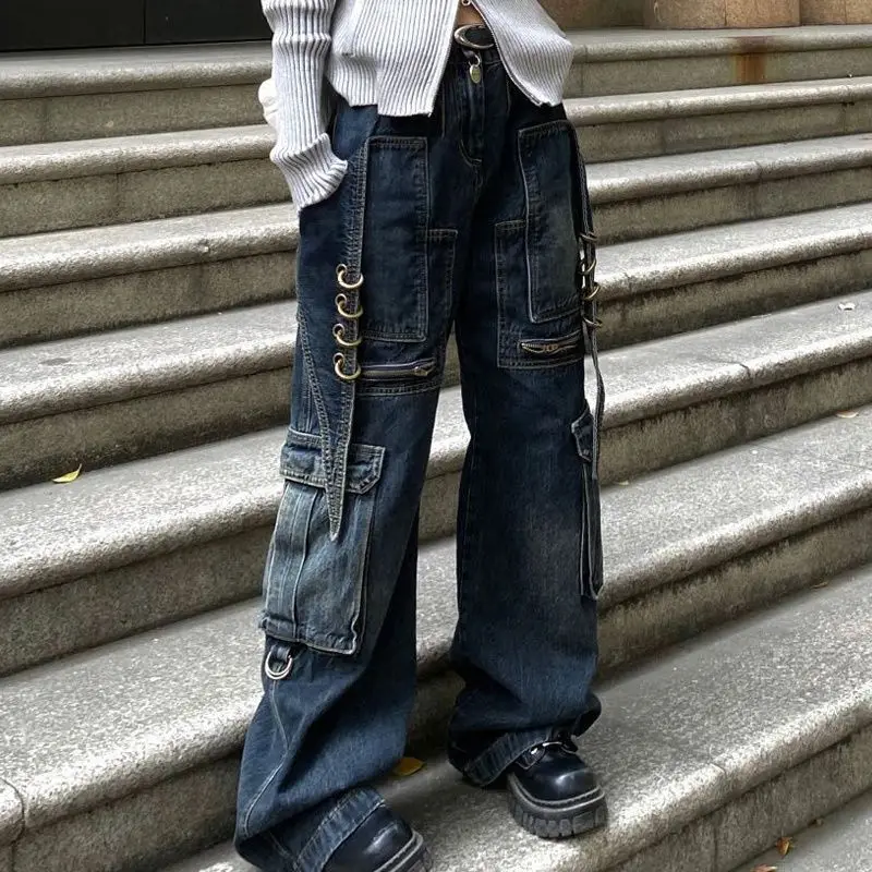 Aesthetic Harajuku Streetwear Jeans Chic Zipper Multi Pockets Denim Pants Vintage Punk Style Loose Mid Waist Button Pants Y2k