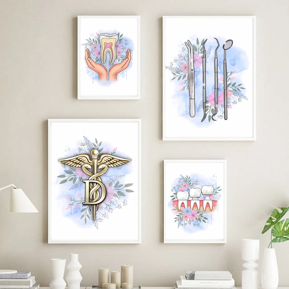 Watercolor Tooth Anatomy Floral Caduceus Dentist Gift Wall Art Canvas Painting Posters And Prints Wall Pictures For Clinic Decor