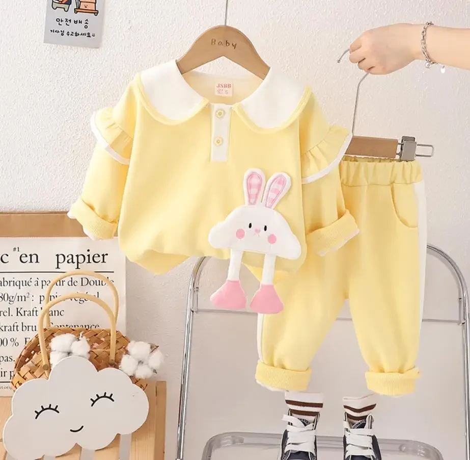 طفل ملابس للطفل الفتيات ملابس ربيع الخريف الكرتون دمية على شكل أرنب طوق طويلة الأكمام تي شيرت + السراويل قطعتين الاطفال مجموعة