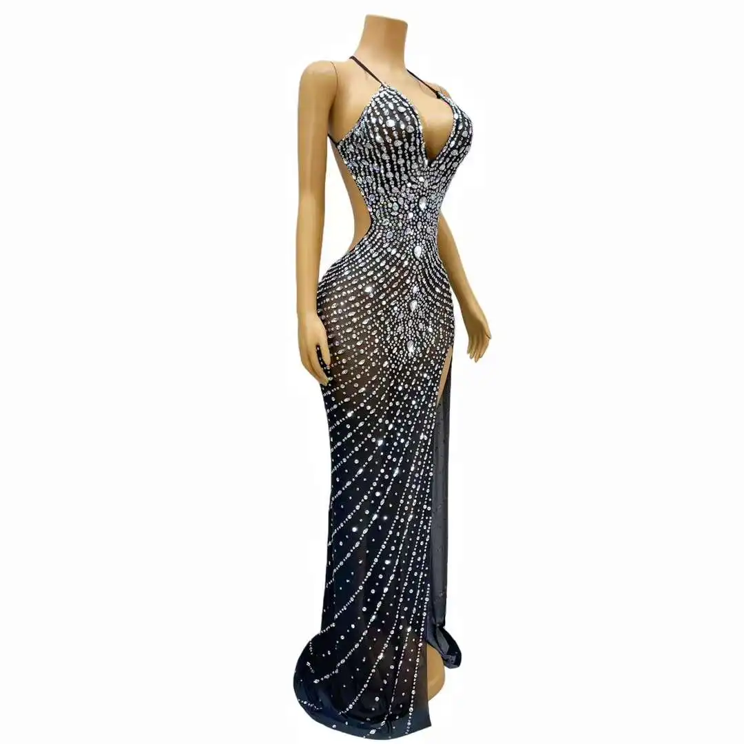 Sparkly AB Rhinestones Deep V Neck Backless Split Black Long Dress Celebrate Wedding Evening Gown Birthday Dress Sexy Stage Wear