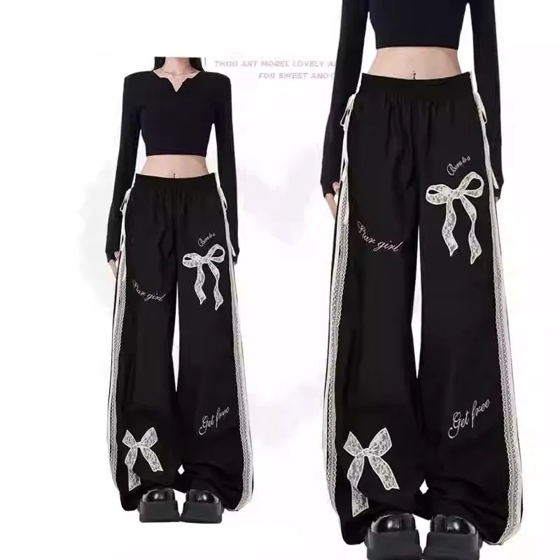 

[Craftsmanship] American Sweet Cool Style Bow Lace Patchwork Casual Women's Autumn Elastic Waist Loose Straight Leg
