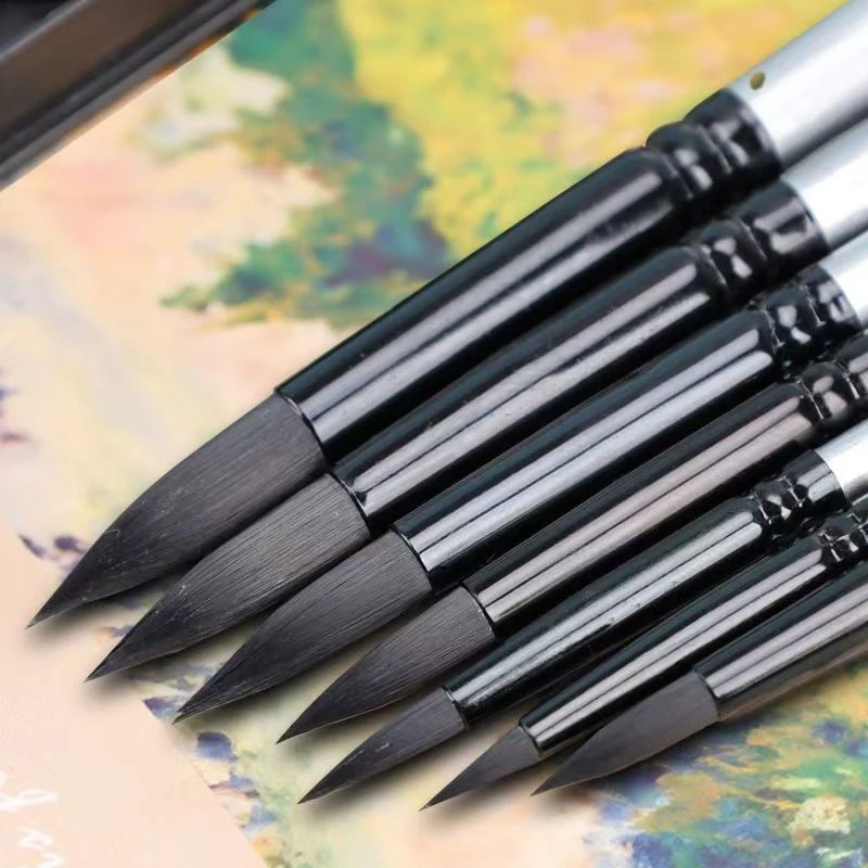 مجموعة فرش فنية مكونة من 7 قطع مع أطراف دائرية ومدببة للغواش والألوان المائية، ومقابض خشبية غير قابلة للتساقط من الدرجة الاحترافية #3