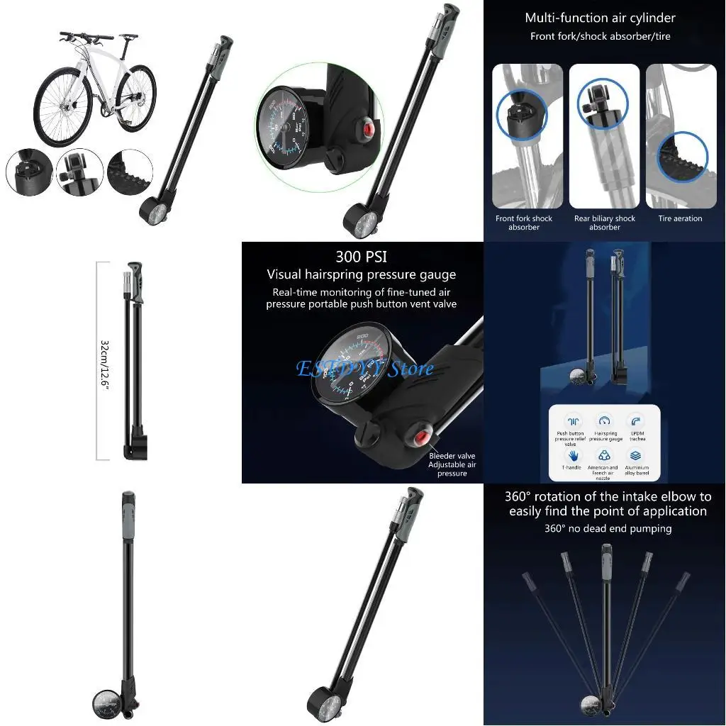 

G6DE Portable Bicycles Shock 300PSI High Pressure Mini Bike Tire with Gauge