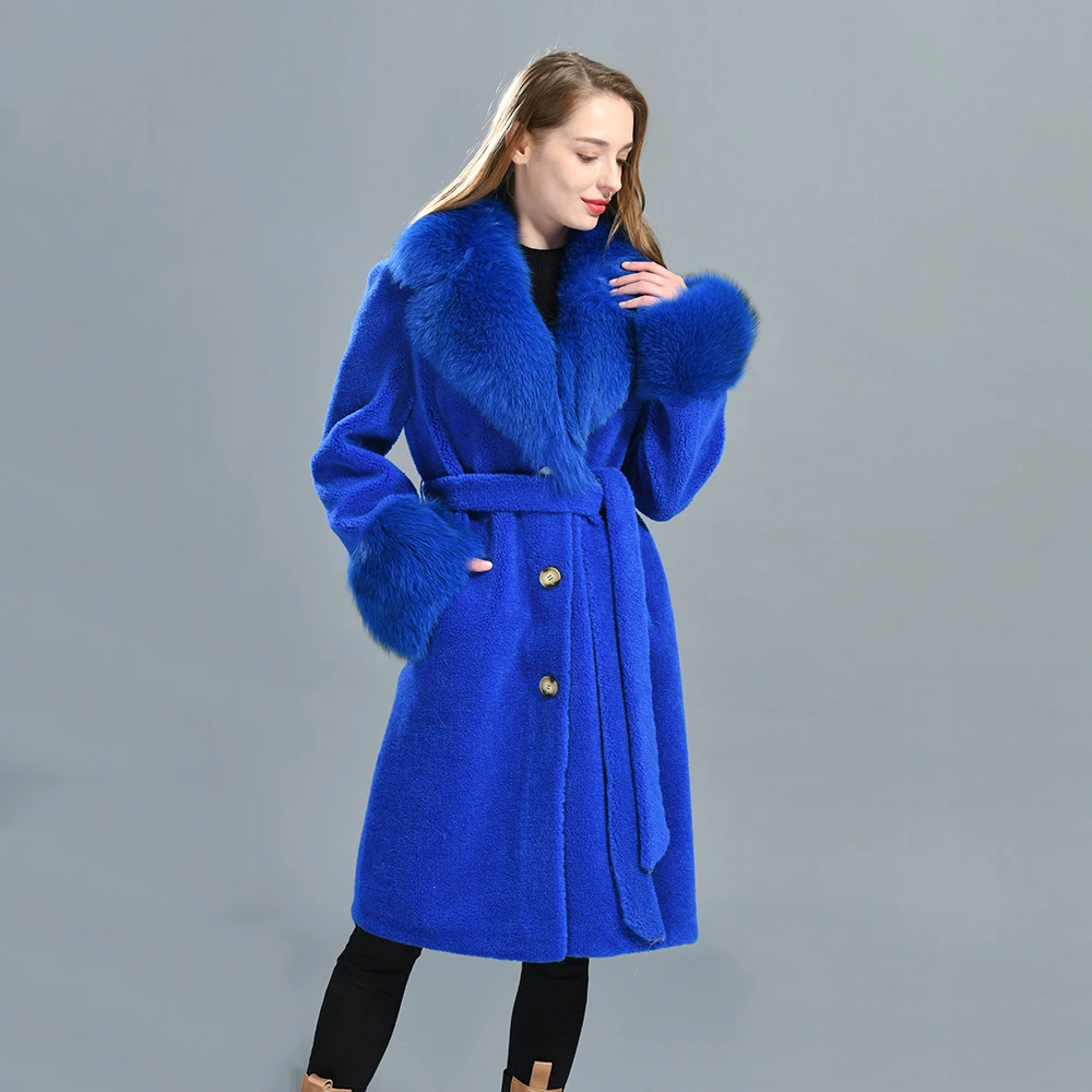 Jaxmonoy Women's Wool Coat with Real Fox Fur Collar and Cuffs Monochrome Long Style Lamb Fur Coats Warm Winter New In Outerwear