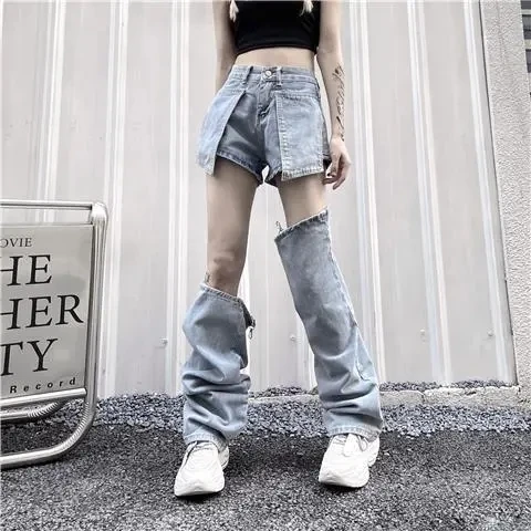 New Cargo Straight Women Jeans American Button Daily Long Leg Jeans High Waist Denim Korean Fashion Pants