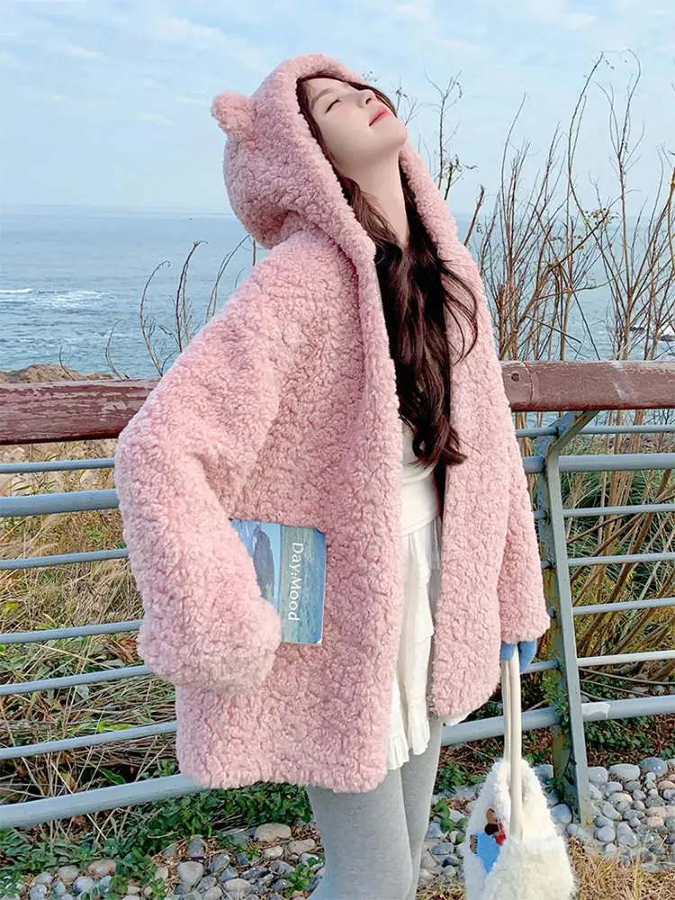 Pink Hooded Faux Lambhair Winter Jacket Women's New Style Fashion Loose And Thick Warm Women Coat Casual Cute Mid-length Jacket