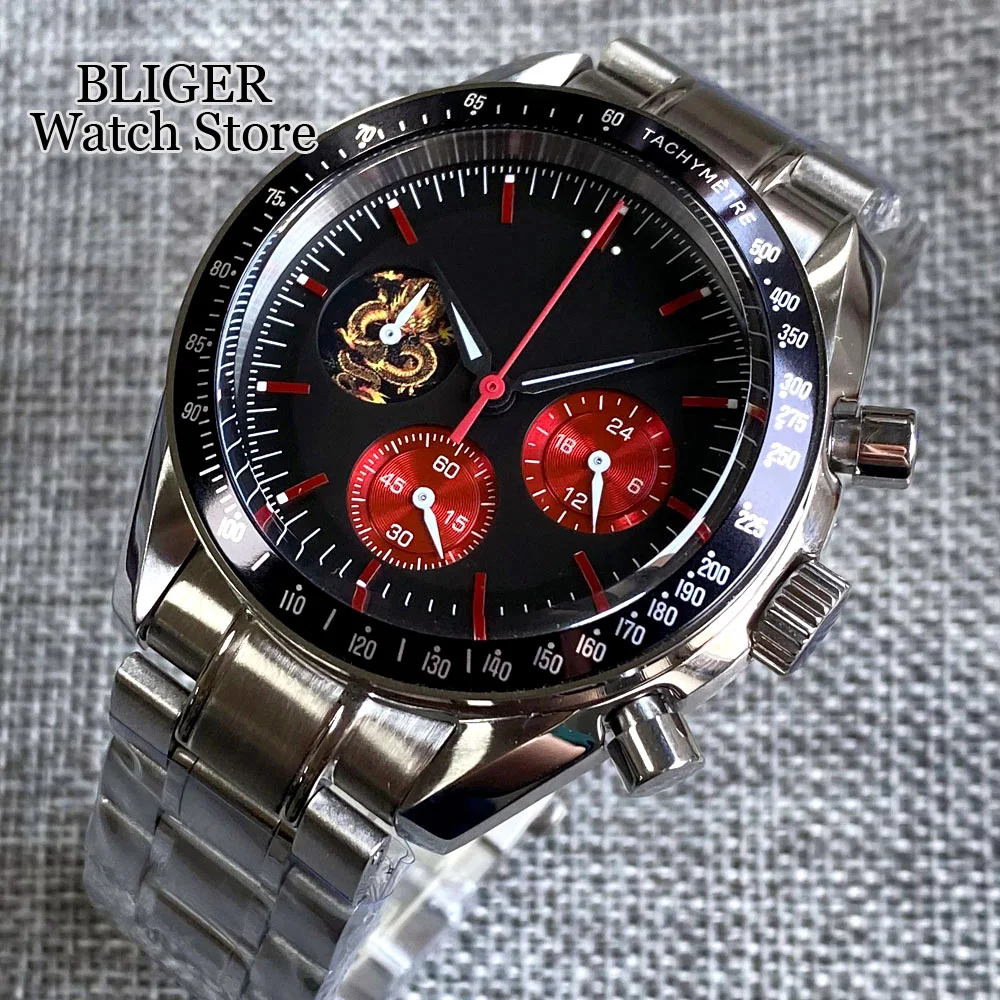 Luxury Quartz 40mm Chronograph Multifunction Watch Men VK63 Movement Black Red Green Dial Stainless Steel Strap Montre homme