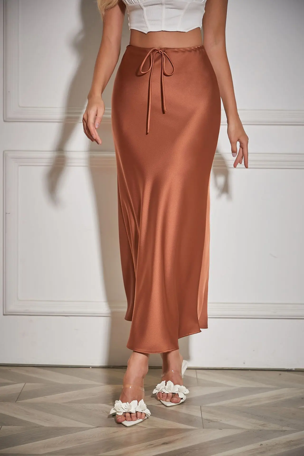 New In 2026 Women's Spring Summer Solid Color Satin Long Skirt High Waist Lace-up Trendy Elegant Faldas Female Beach Maxi Skirts