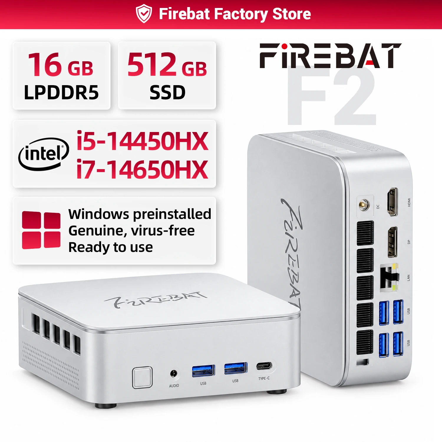 파이어뱃 F2 미니 PC 인텔 코어 I5-14450HX 10코어 16스레드 윈도우 11 16GB DDR4 RAM 512GB PCIe SSD WiFi 6 BT5.2 트리플 디스플레이