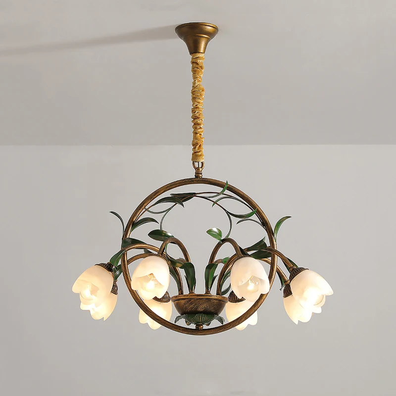 Nordic Green Vintage Villa Main Hotel Decoration Pendant Lamp French Pastoral Small Fresh Style Flower Glass Bedroom Chandelier