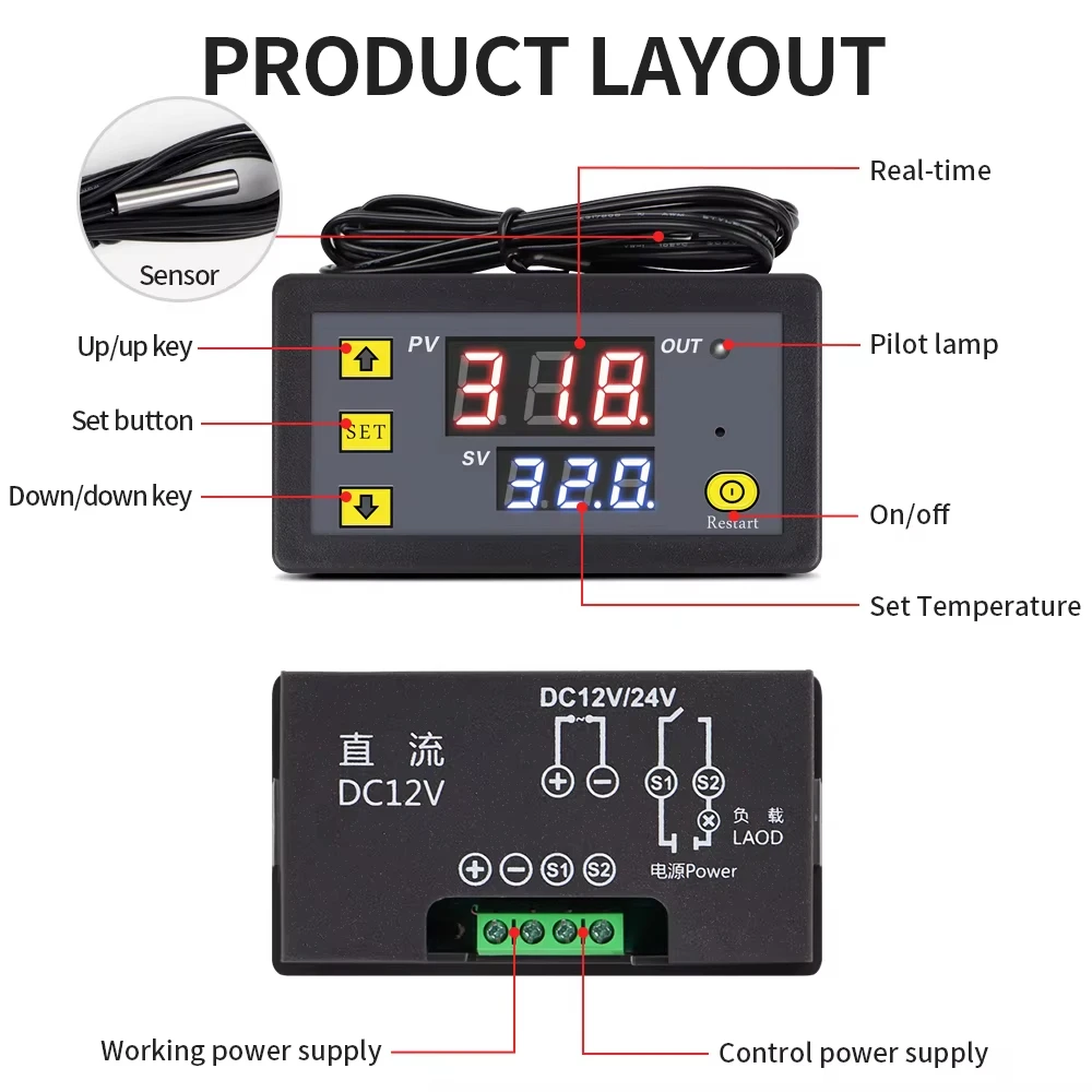 ZFX-W1608 Temperature Controller DC12V Digital Thermostat  Remote Control Microcomputer Freezer Temp Controller with NTC Sensor