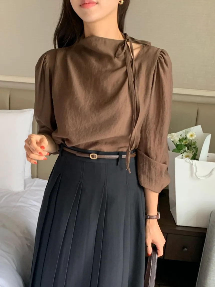 

Elegant Long Sleeve Shirt Women's Side Tie Neck Design Autumn New Style Classy Top Korean Style Commute Wind Regular Fit