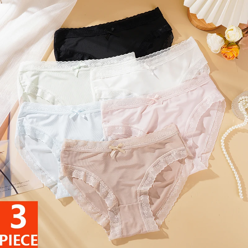 3PCS/SET Transparent Sexy Panties Female Seamless Soild Color Underwear Quick Drying Briefs Women Lace Underpants Lingerie