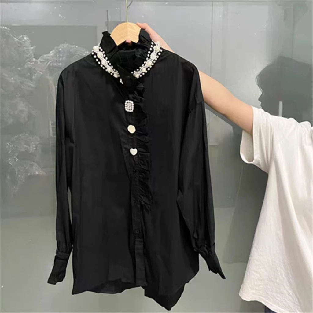 New In 2024 Autumn Office Lady Diamonds Stitch Cotton Shirts Blouses Women Long Sleeve Buttons Up Black White Top Woman Clothes