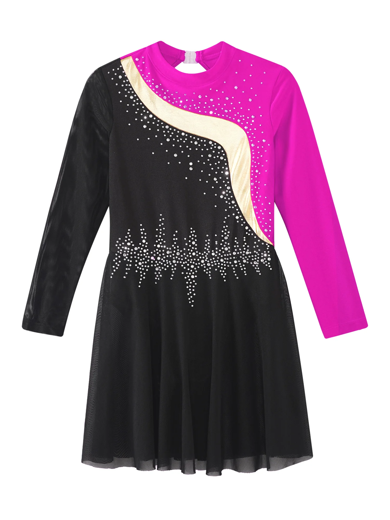 Children Girls Figure Skating Leotard Dress Ballet Lyrical Dance Rhythmic Gymnastics Costume Long Sleeve Rhinestone Mesh Dresses