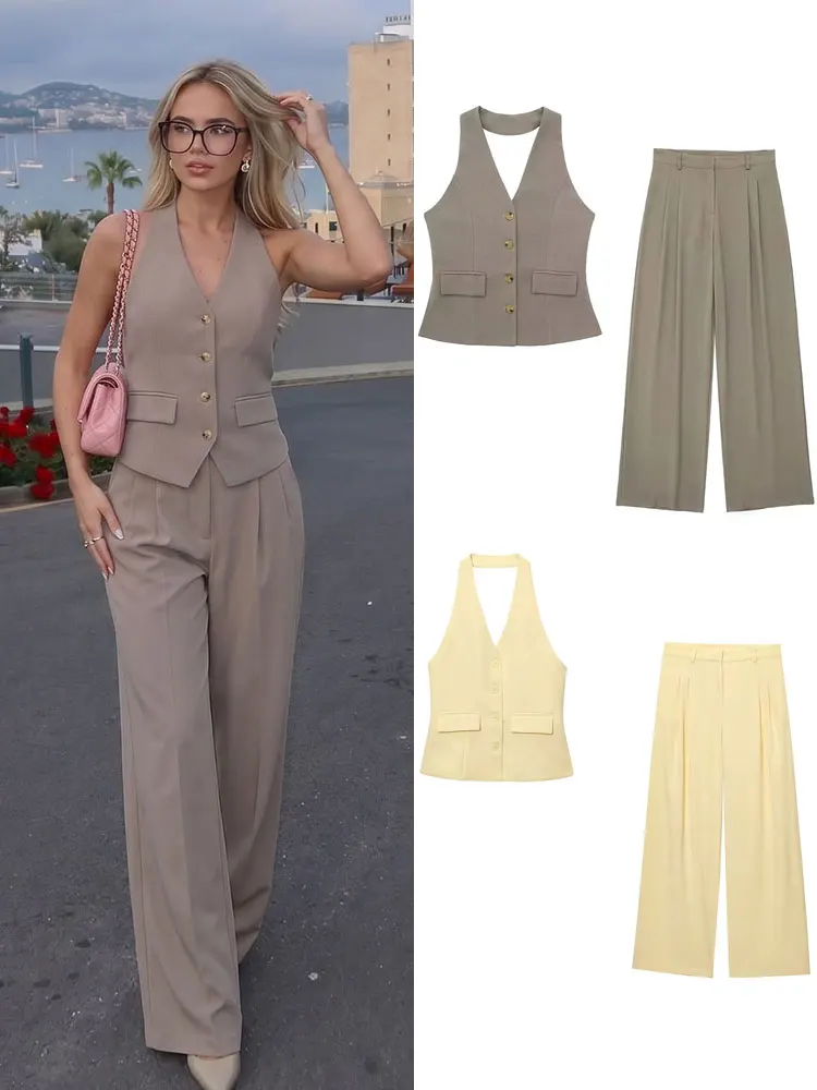 HH Women Trendy Halter Neck Vest Slim Zip Pants Set For Woma City Weekend Party Night Out Casual Elegant Summer Office Lady Suit