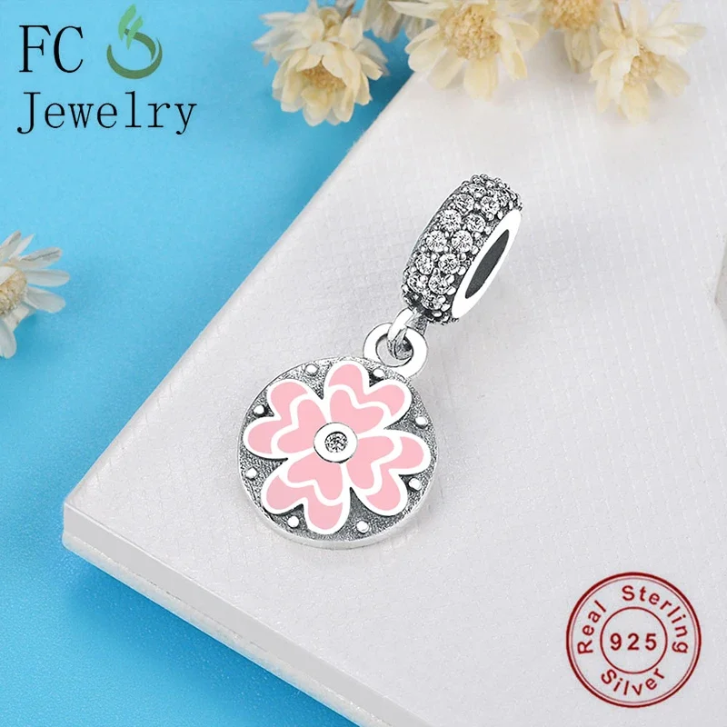 FC Jewelry Fit Original Charms Bracelet 925 Sterling Silver Couple Pink Enamel Clover Flower Dangle Bead For Women Berloque 2020