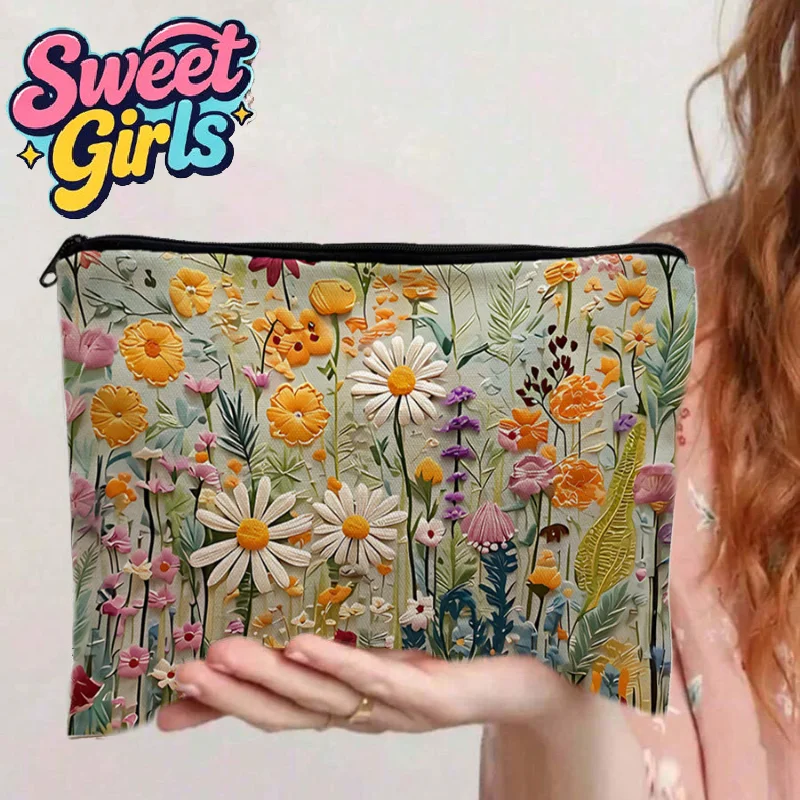 Large Capacity Floral Double-sided Printed Makeup Pouch Travel Organizer Handbag Linen Women Cosmetic Storage Bag For Gifts