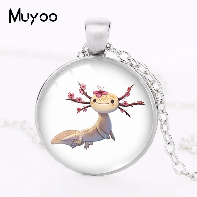 2022 New Cute Axolotl Pendant Necklace Animal Round Photo Necklaces Glass Dome Jewelry Gifts