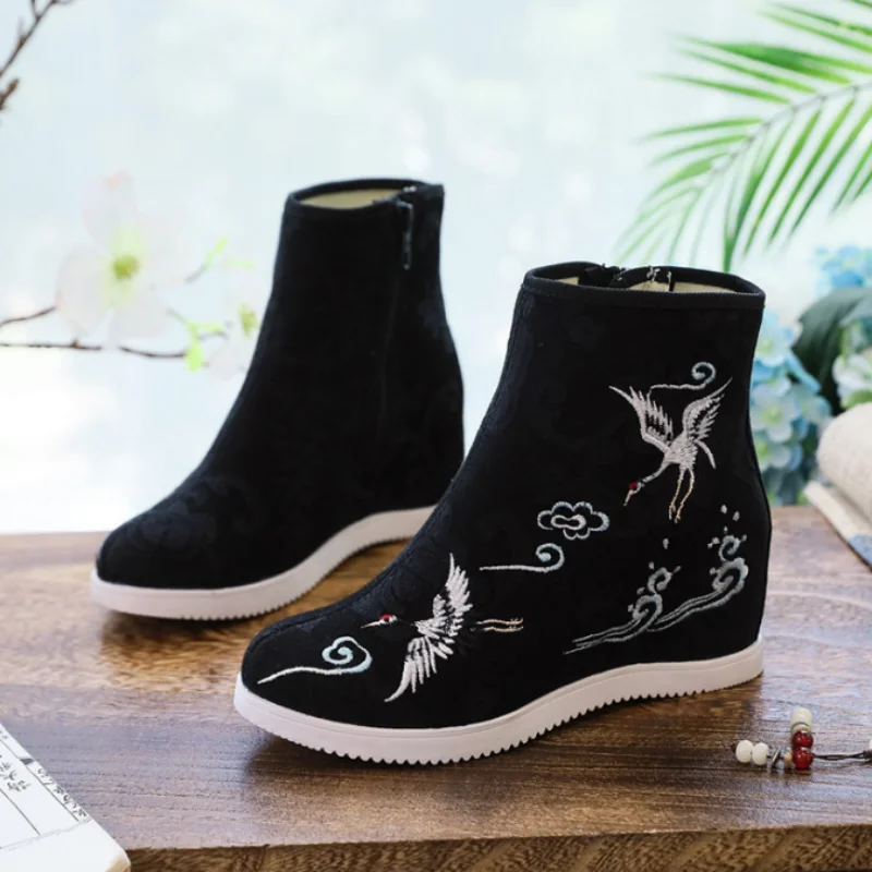 Internal Height Increased Retro Embroidered Ankle Short Boots for Women Round Toe Side Zip Spring Autumn Casual Shoe
