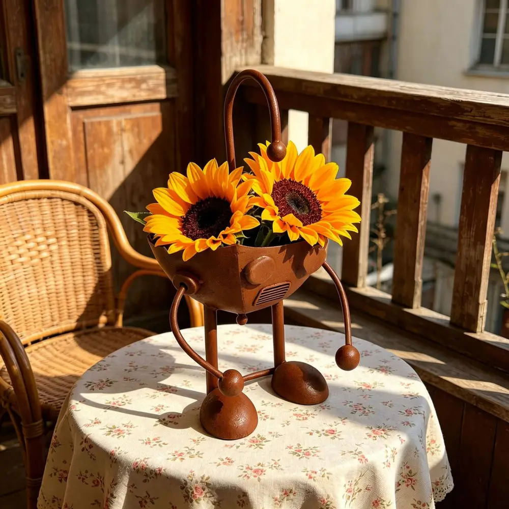 Vintage Robot Style Iron Planter Decorative Flower Pot Metal Garden Statue Unique Patio Lawn Succulent Container