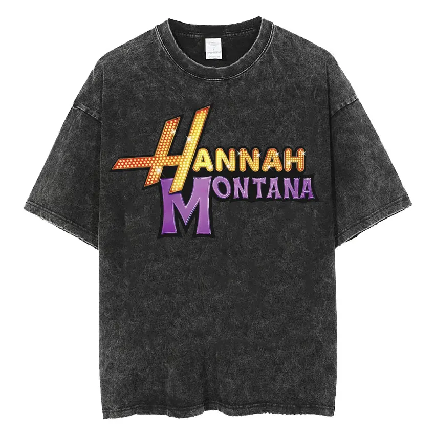 Mens Clothes Tee Shirt Washed Graphic T-Shirts Men Tshirt for Men Ropa Hombre Miley Cyrus Hannah Montana Logo Short Sleeved