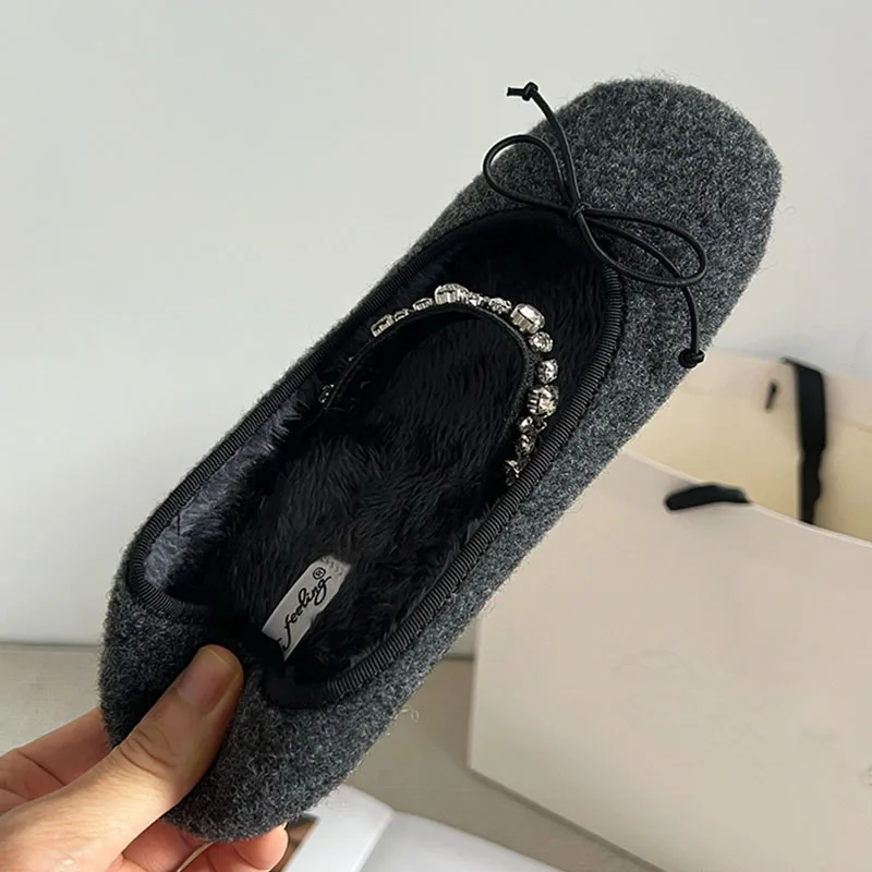 Plush Fashion Bling Women Ballet Flats With Fur Dance Shoes Female Shallow Footwear Rhinestones Ladies Flats Mary Janes Shoes