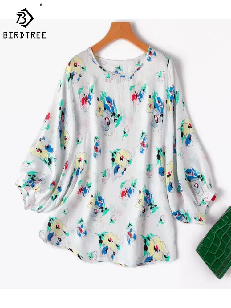 

BirdTree, Real Silk Cotton Guanle Crepe, Women Floral Print T-Shirts, Elegant Fashion Loose Tee, 2024 Spring Summer Top T43135QM