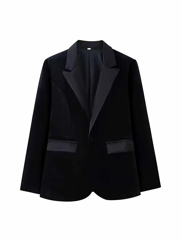 Damski wiosenny komplet: marynarka z długim rękawem z aksamitu w jednolitym kolorze + spodnie garniturowe z guzikami, uniwersalny dwuczęściowy zestaw.