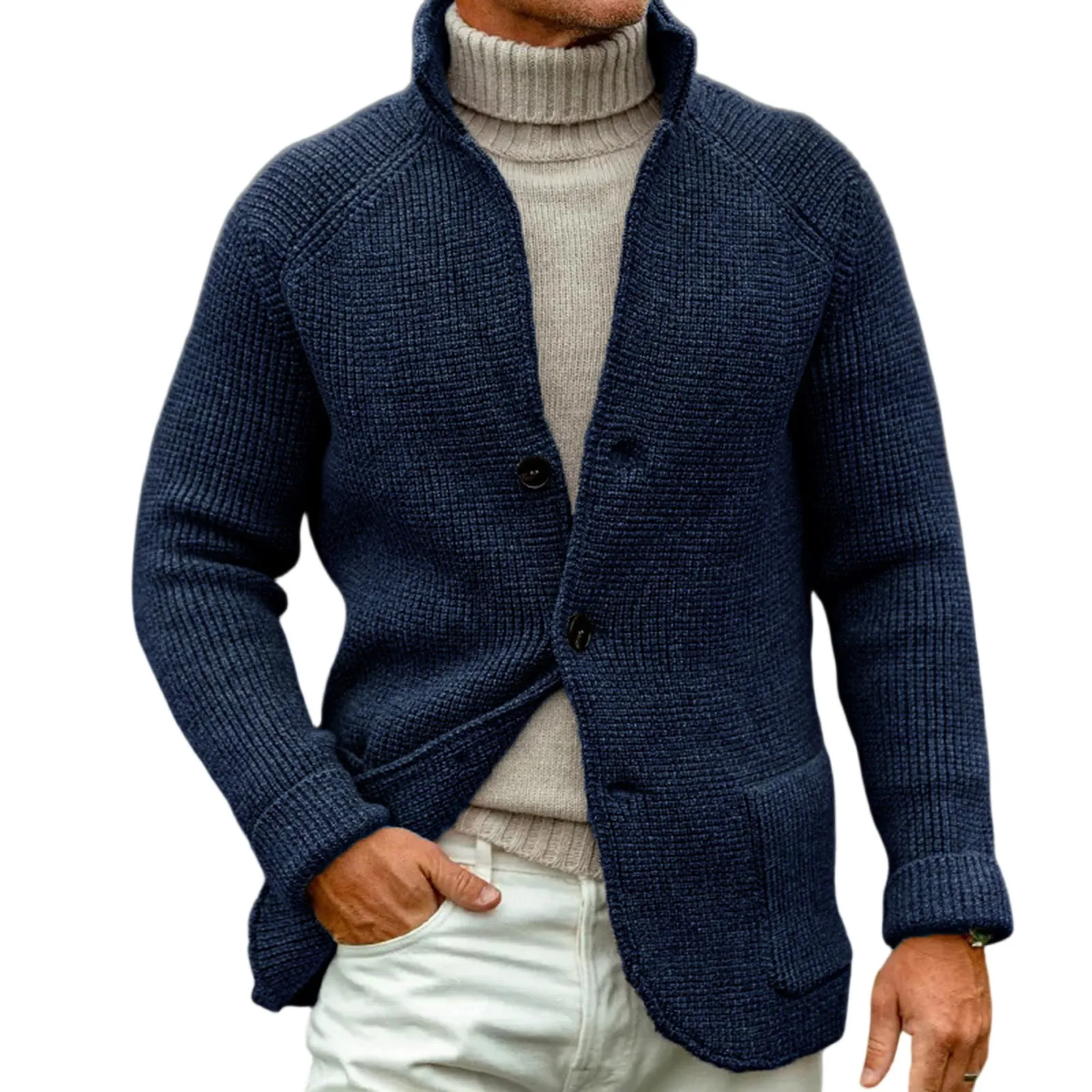 

Stand Collar Men Cardigan Long Sleeve Pockets Thickened Cardigan Sweater Jackets Winter Solid Color Buttons Knitted Sweater Coat