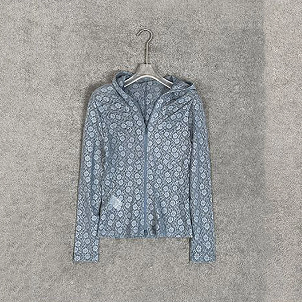 Lace Semi-Sheer Zipper Women's Jacket Fitted Elegant Commuter Long-Sleeve Hooded Base Layer Top 2026 Spring Festival New Y2k