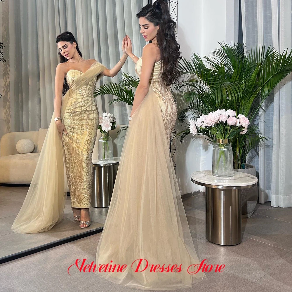 Requintado cetim sereia vestido de noite apliques de luxo lantejoulas personalizado vestidos de baile temperamento painel trem vestidos de celebridades